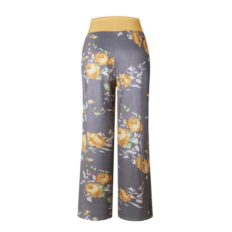 iChunhua Women's Comfy Stretch Floral Print Drawstring Palazzo Wide Leg Lounge Pants(L,Yellow) - Image 5